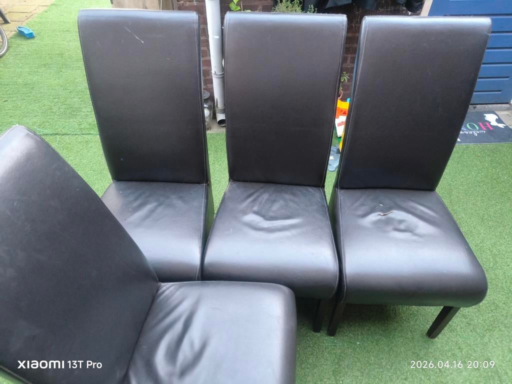 4 zwarte eetkamerstoelen met hoge rugleuning(echt leer), Modern, Klassiek, Gebruikt, Zwart, Ophalen of Verzenden