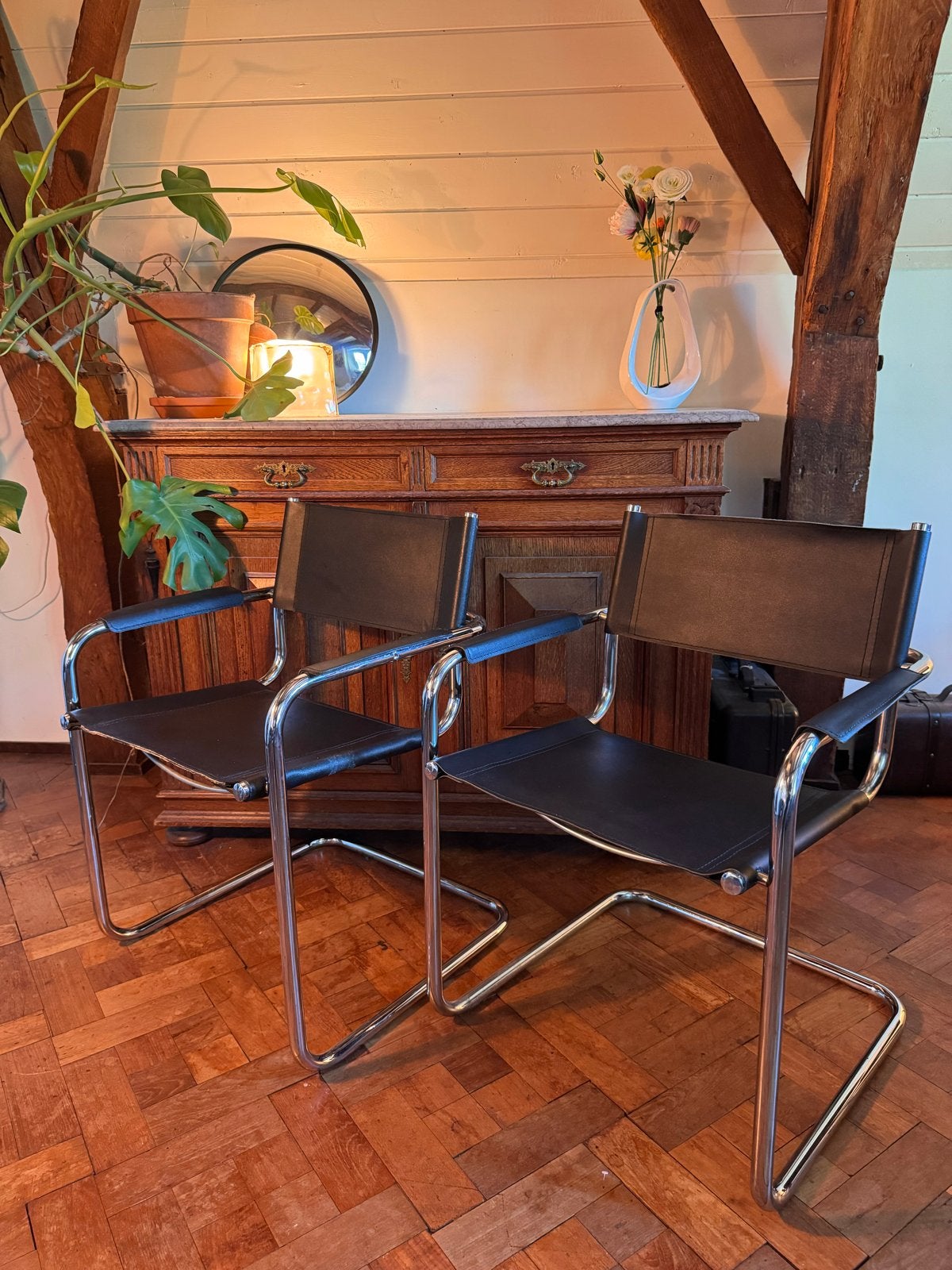 Buisframe Mid Century 2 Bauhaus stijl stoelen, zwart leer, Ophalen of Verzenden