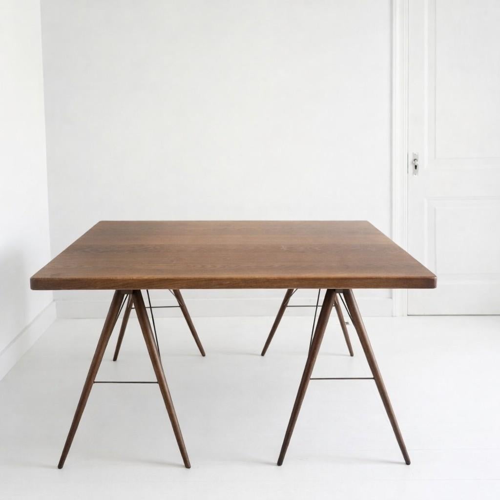 Houten eettafel/atelier tafel met schragen. Massief blad, Antiek en Kunst, Ophalen