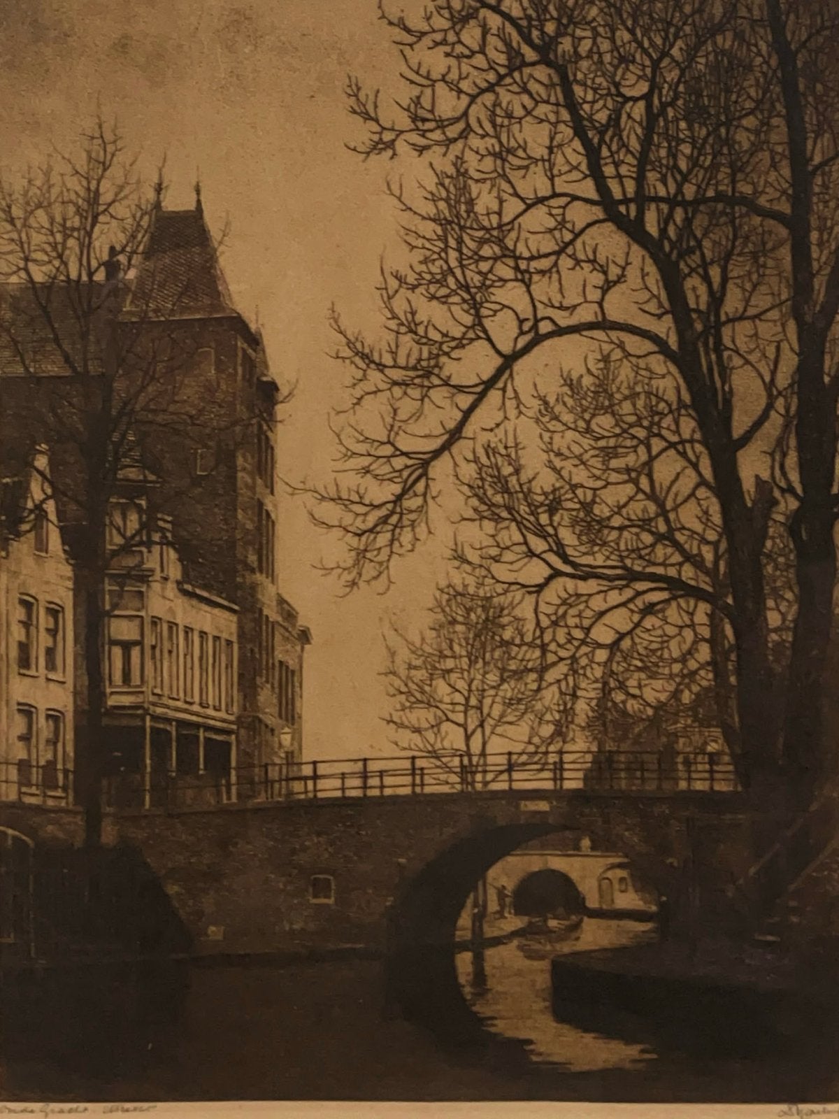 Oude gracht Utrecht - Dirk Harting, Ets, Stadsgezicht, Ophalen of Verzenden, Gesigneerd