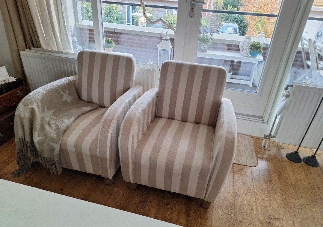 2 gestreepte beige/crème fauteuils met leuningen, Ophalen, Gebruikt, 75 tot 100 cm, 75 tot 100 cm