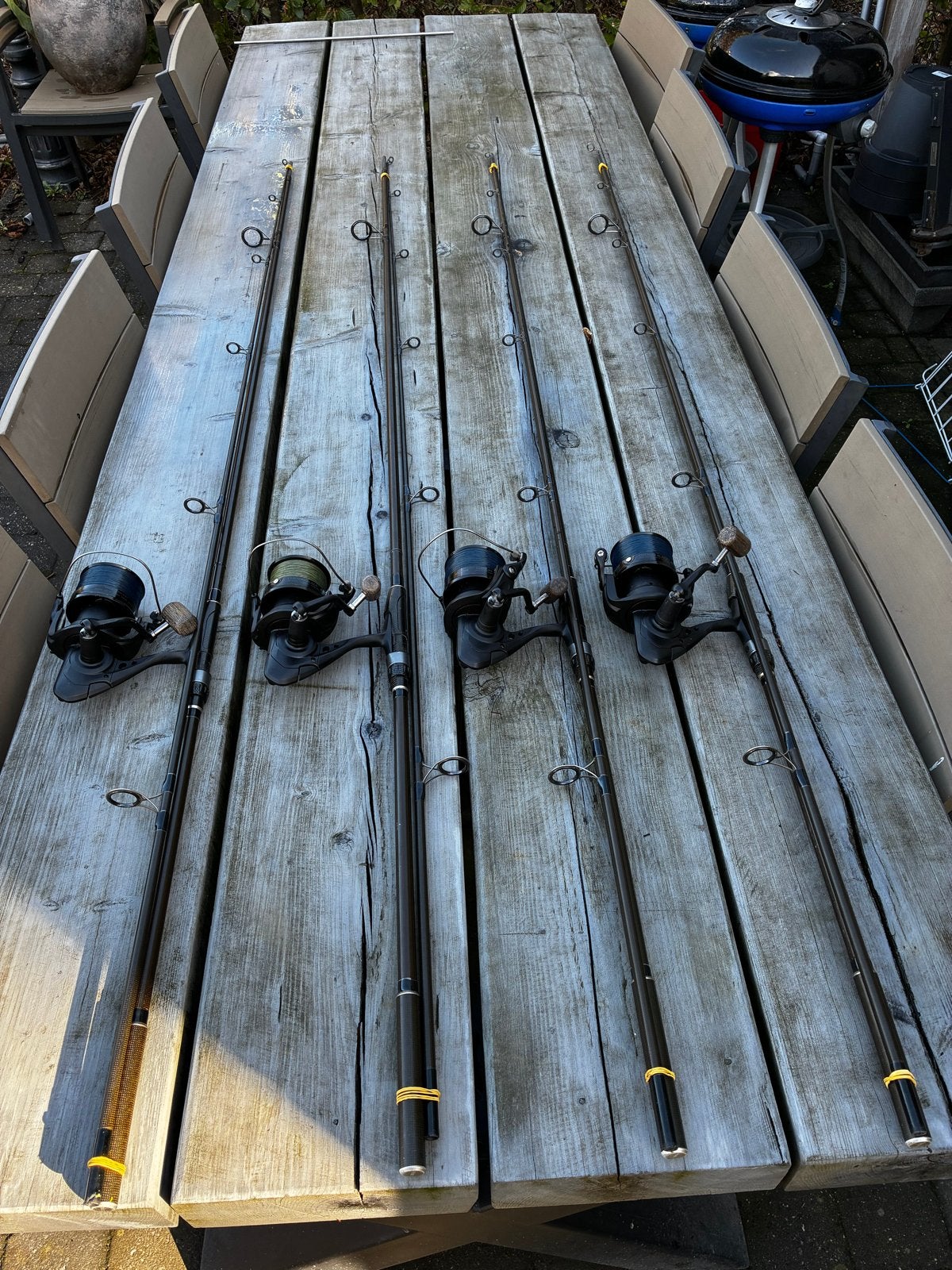 4 Fox hengels met Okuma Custom Black CB-60 molens, Ophalen, Gebruikt