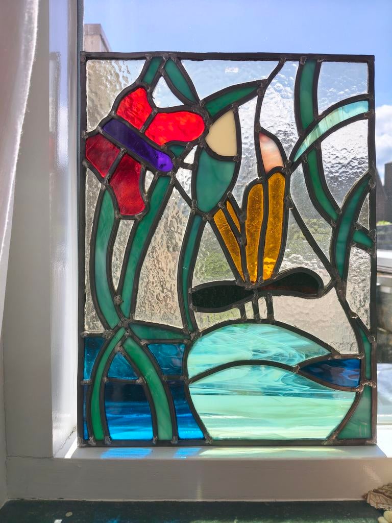 Glas in Lood Paneel - Bloemen en Vlinder (30x40 cm), Ophalen of Verzenden