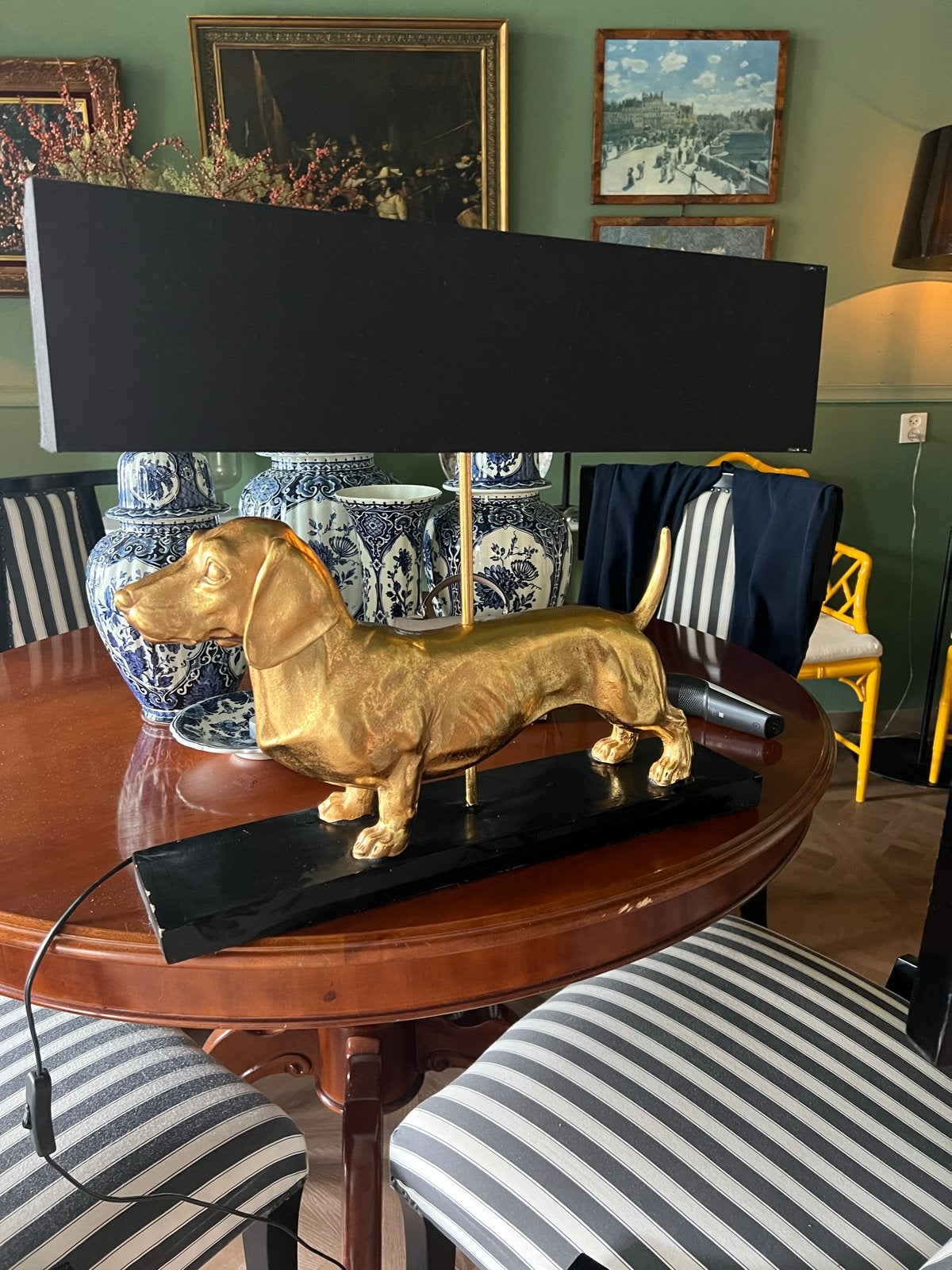 Unieke Teckel Lamp - Goudkleurig met Zwarte Kap, Huis en Inrichting, Ophalen, Gebruikt, Metaal, 50 tot 75 cm