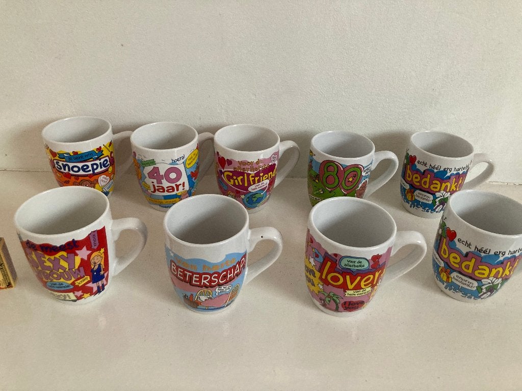 10 feest bekers mokken met tekst strips jubileum verjaardag, Steen, Nieuw, Modern, Mok