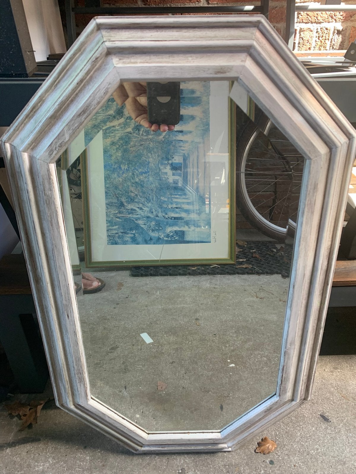Zeshoekige houten spiegel, geslepen glas, Ophalen, Gebruikt, Minder dan 100 cm, Rechthoekig