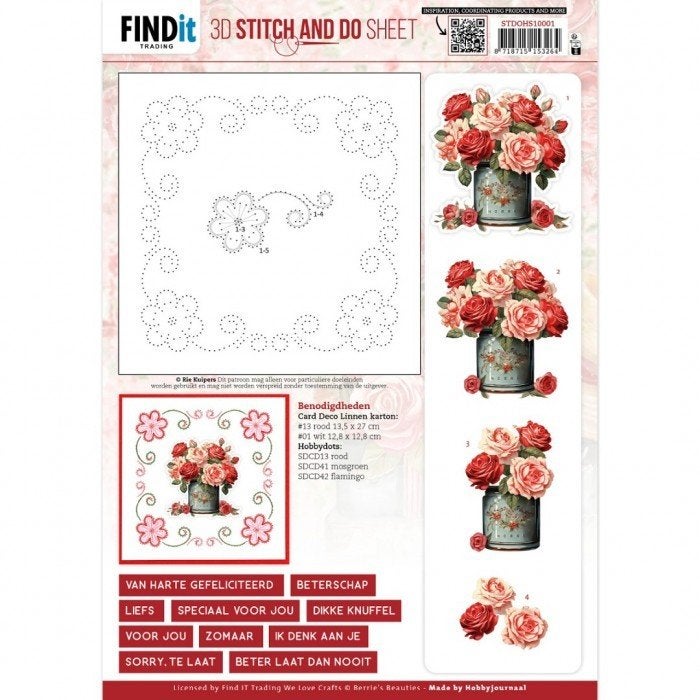 Berrie's Beauties 3D STITCH AND DO knipvel A4 Red Roses 1, ., Nieuw, Ophalen of Verzenden, .