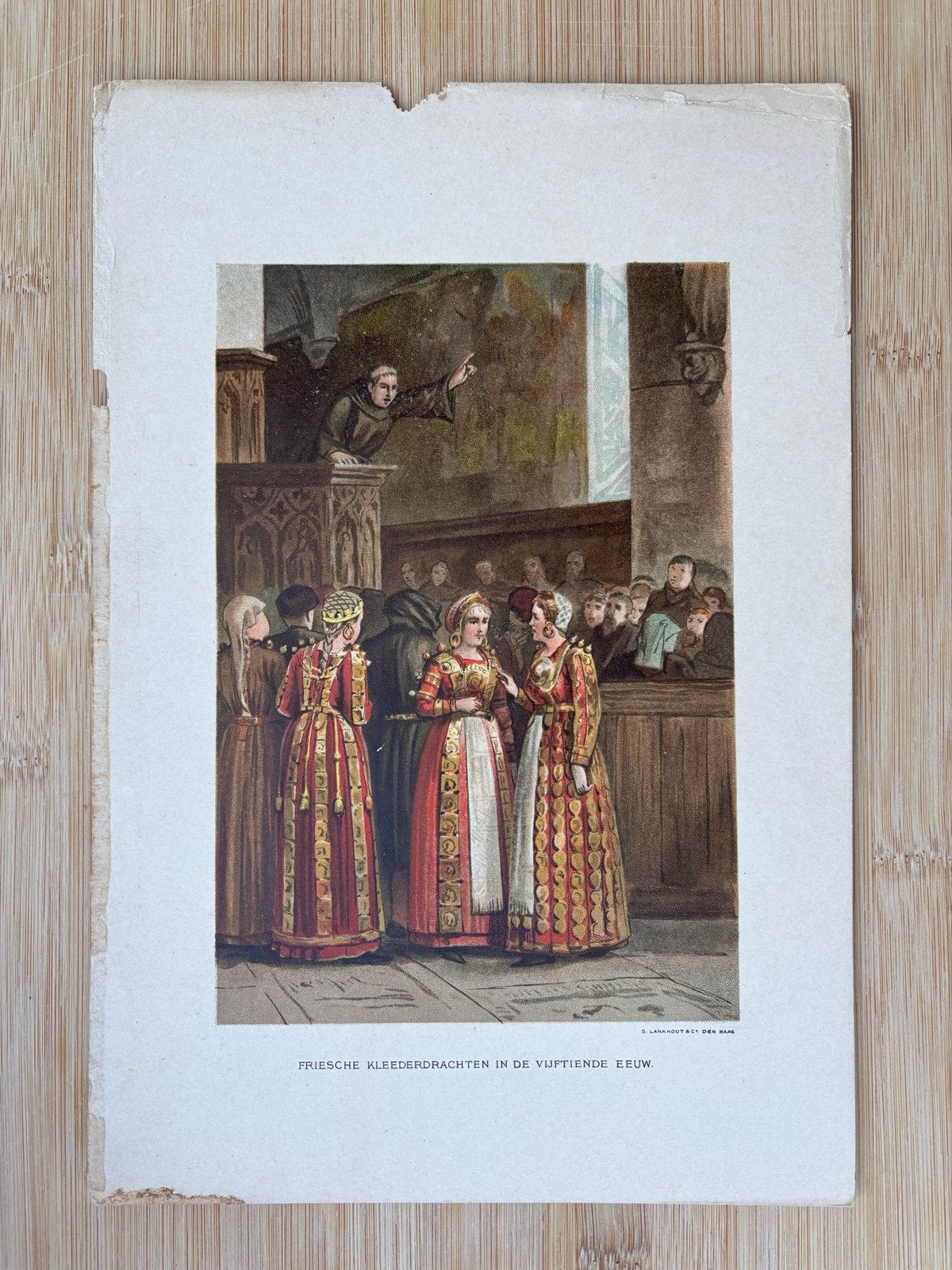 Antieke kleurenlitho: Friese klederdrachten 15e eeuw, Ophalen of Verzenden