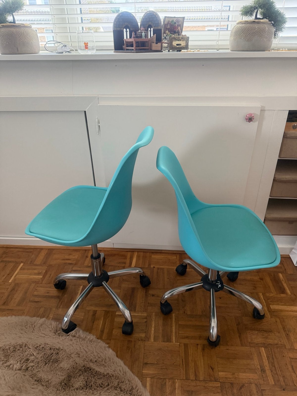 2 stijlvolle turquoise draaibare bureaustoelen, Huis en Inrichting, Ophalen, Gebruikt, Blauw, Bureaustoel