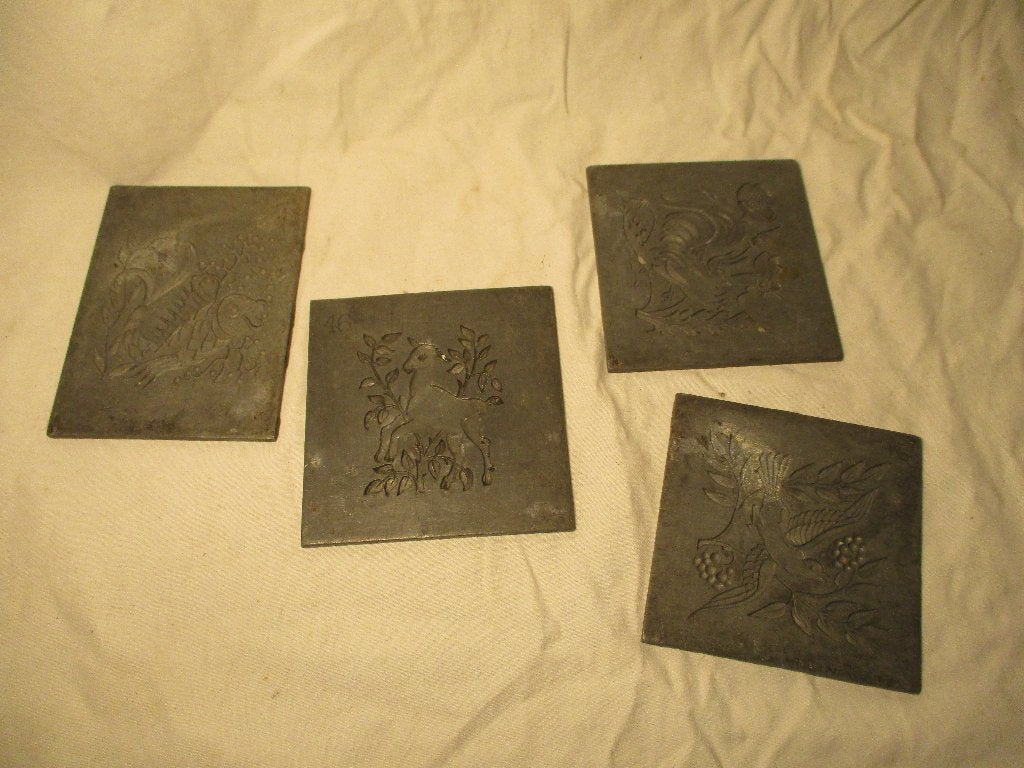 4x antiek ijzeren plaatjes met afbeeldingen gegraveerd, Ophalen of Verzenden