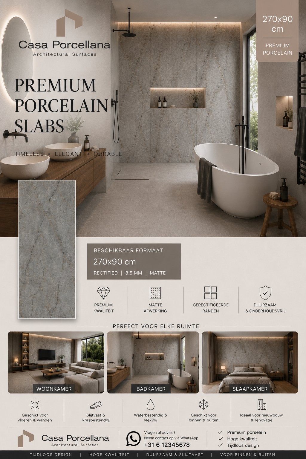 XXL Wandpanelen 270x90 | Grey Marble | Porselein, Ophalen, 60 cm of meer, Zo goed als nieuw, 10 m² of meer