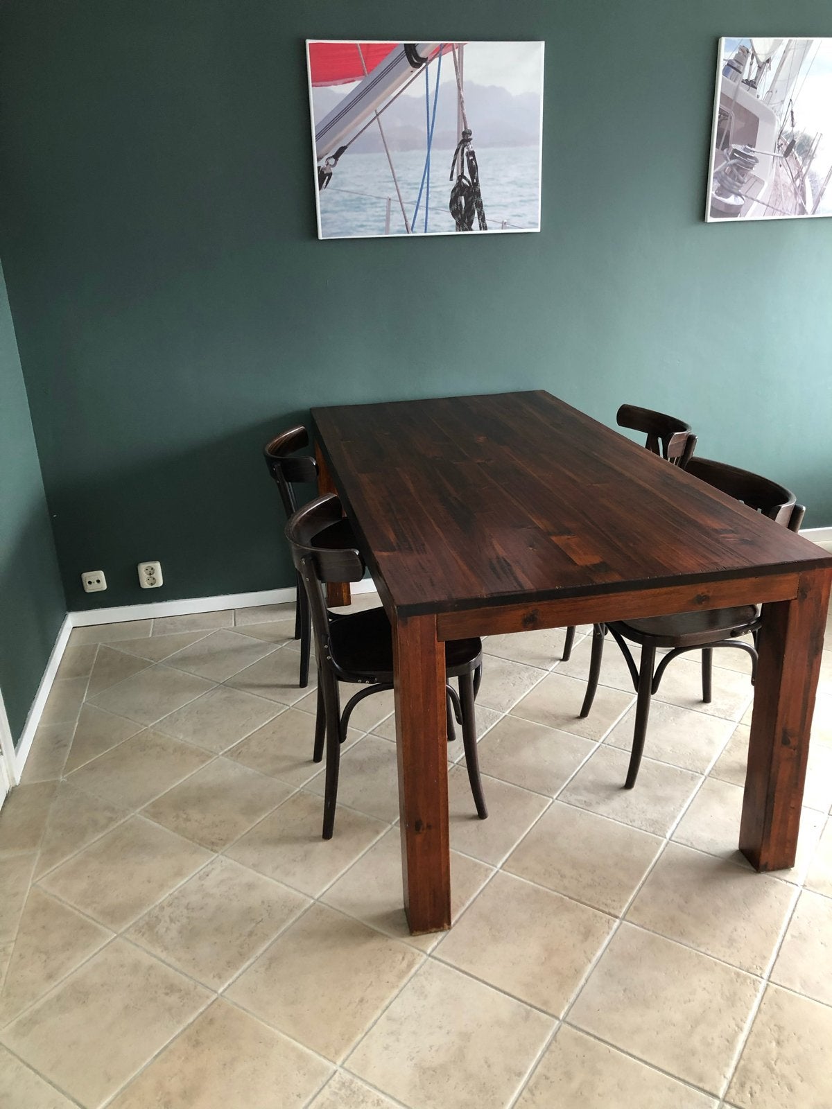 Houten eettafel met 4 café stoelen, Ophalen, Gebruikt, 50 tot 100 cm, 150 tot 200 cm