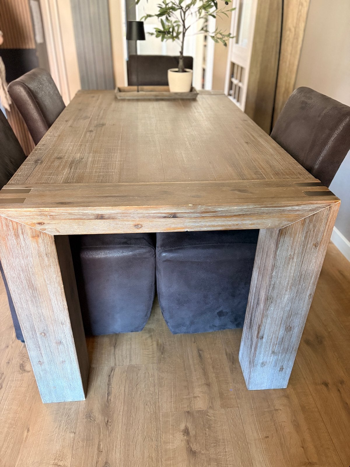 Robuuste houten eettafel - acaciahout, Ophalen, 50 tot 100 cm, Zo goed als nieuw, 150 tot 200 cm