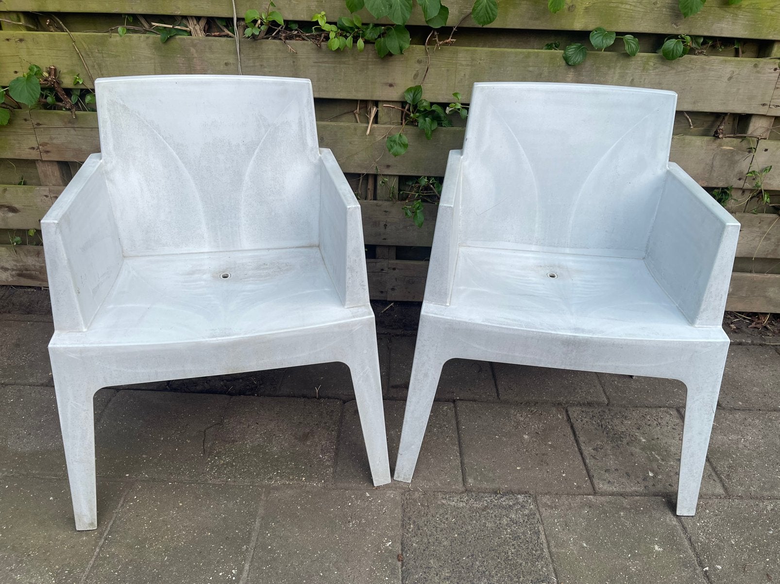2x Siesta Box design tuinstoelen / terrasstoelen – grijs, Ophalen, Zo goed als nieuw, Wicker, Stapelbaar