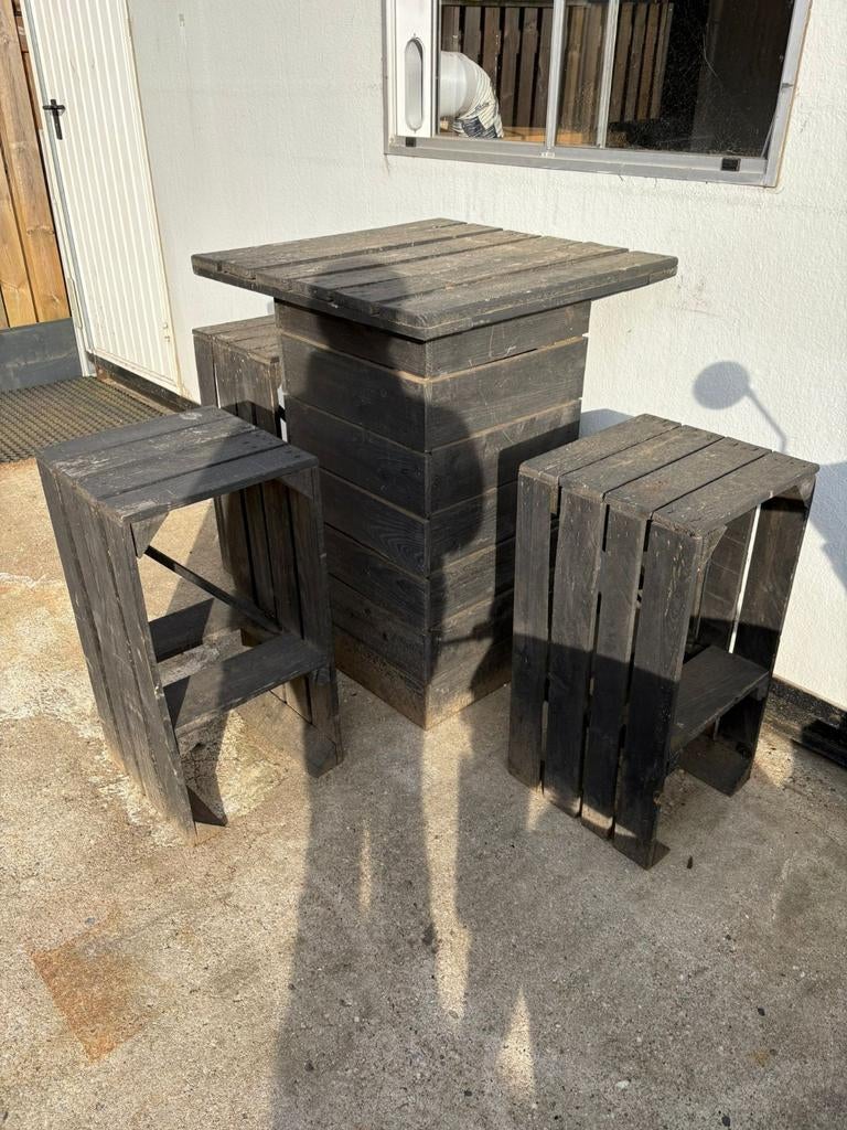 Bartafel incl 4 krukken | zwart gebeitst, Gebruikt, Info@woodfarm.nl, 4251NT, Ophalen of Verzenden