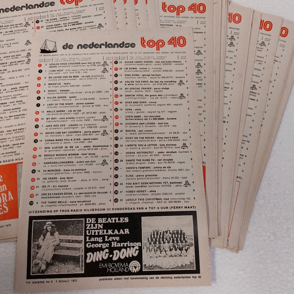 Top 40 velletjes Radio Veronica 1975 - 49 stuks, Verzamelen, Muziek, Artiesten en Beroemdheden, Gebruikt, Top 40, Ophalen of Verzenden