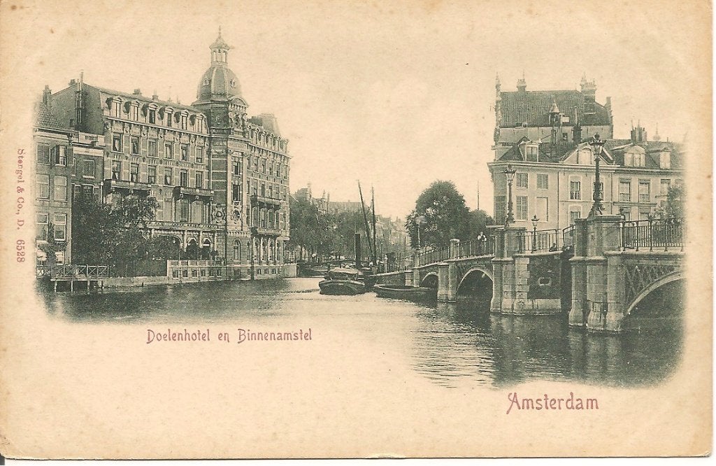 Oude ansichtkaart Doelenhotel en Binnenamstel Amsterdam, Verzamelen, Ophalen of Verzenden, Voor 1920, Ongelopen, Noord-Holland