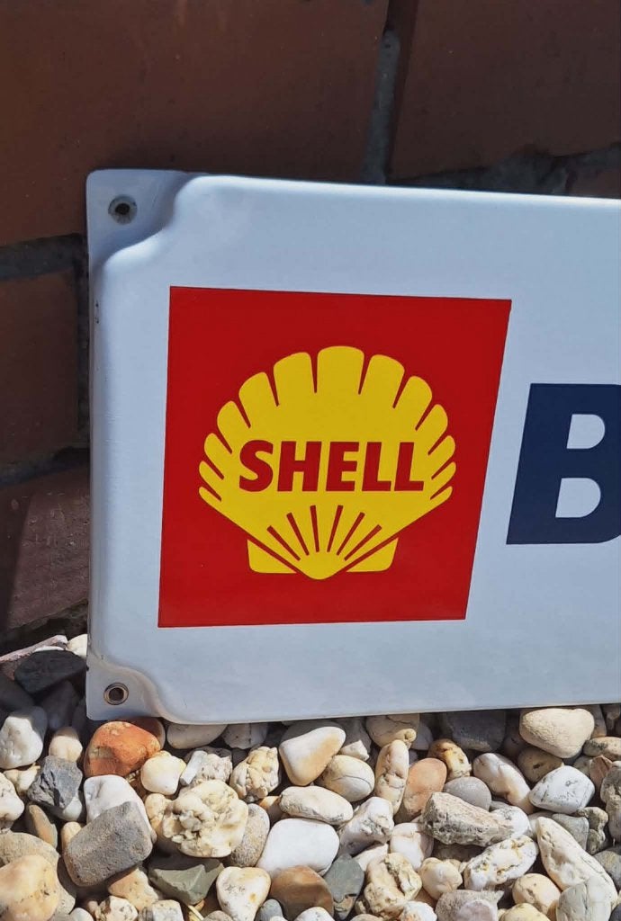 Vintage Shell Butagas emaille reclamebord., Verzamelen, Reclamebord, Gebruikt, ., Ophalen of Verzenden