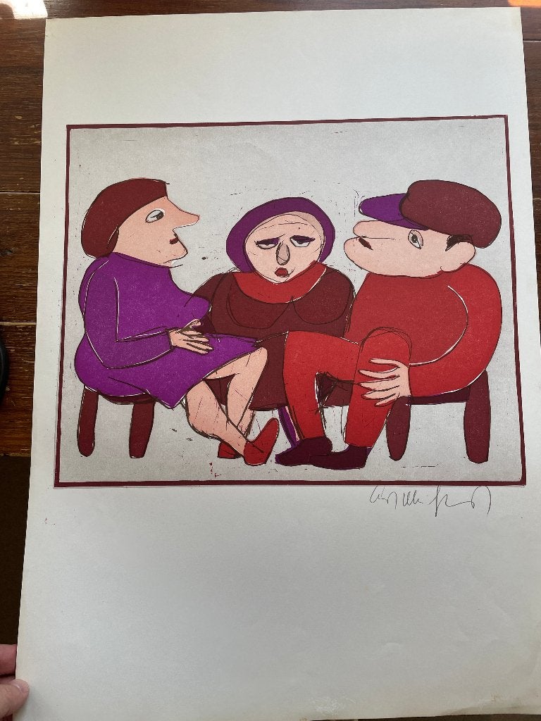 Kurt Mühlenhaupt Im Gespräch gesigneerd, niet gedateerd, Gesigneerd, Ophalen of Verzenden, Portret en Figuren, Linosnede