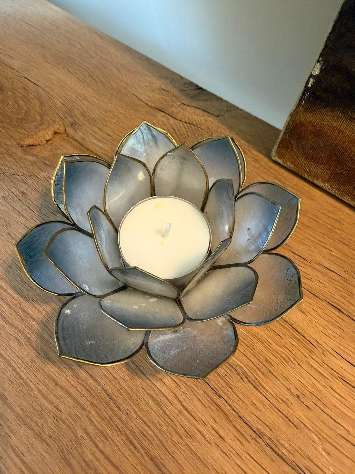 Vintage waxinelichthouder schelpen lichtblauw goudkleurig, Ophalen of Verzenden, Overige materialen