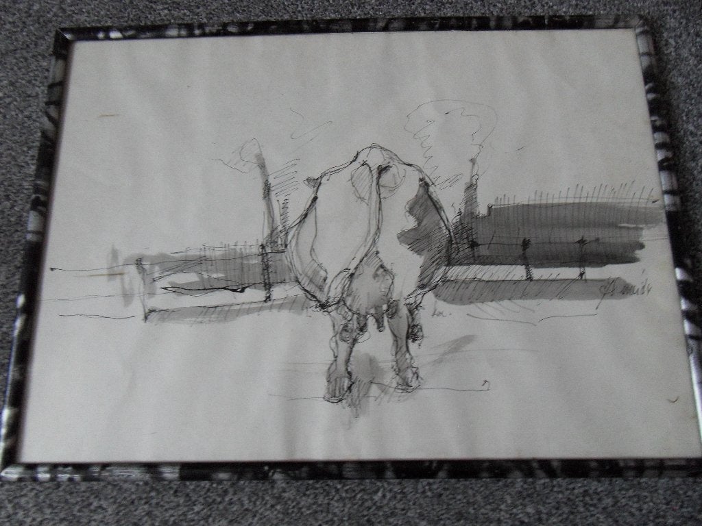 Tekening van een koe in lijst 50 x 37 cm. J muidy ?, Ophalen of Verzenden