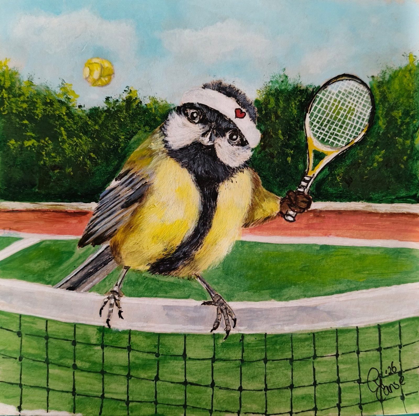 schilderij koolmees aan de tennis, Ophalen of Verzenden, Nieuw, Minder dan 50 cm, Schilderij