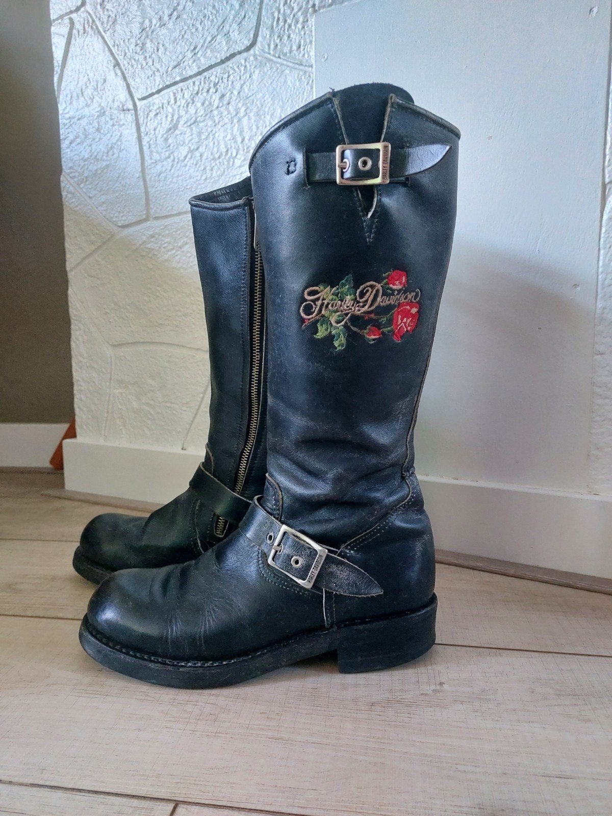 Harley Davidson biker boots leer maat 38 met gespen en logo, Harley Davidson, Zwart, Lage of Enkellaarzen, Ophalen of Verzenden