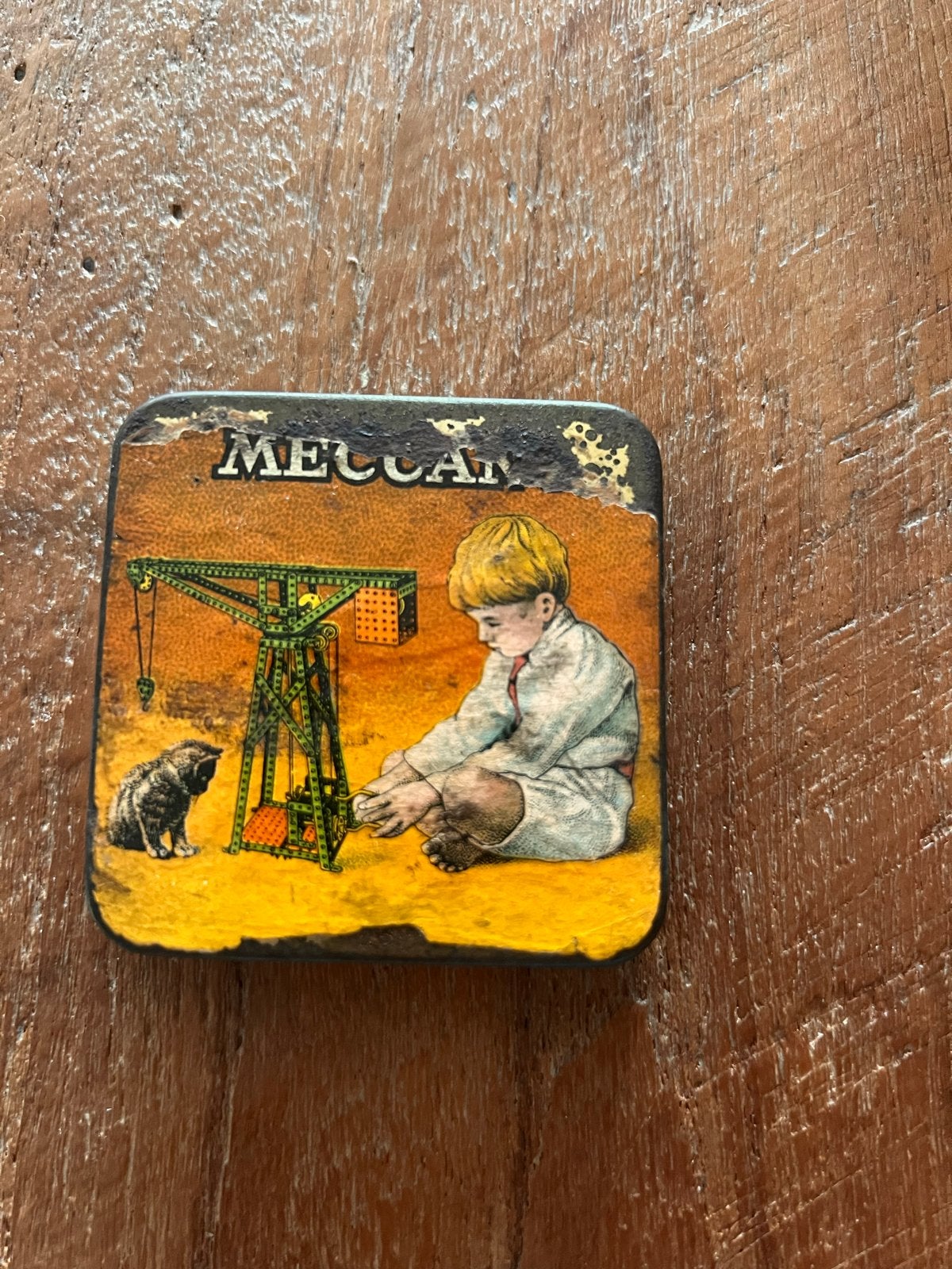 Vintage Meccano blikje - Jongen met kraan, Kinderen en Baby's, Speelgoed | Bouwstenen, Gebruikt, Overige merken, Ophalen of Verzenden