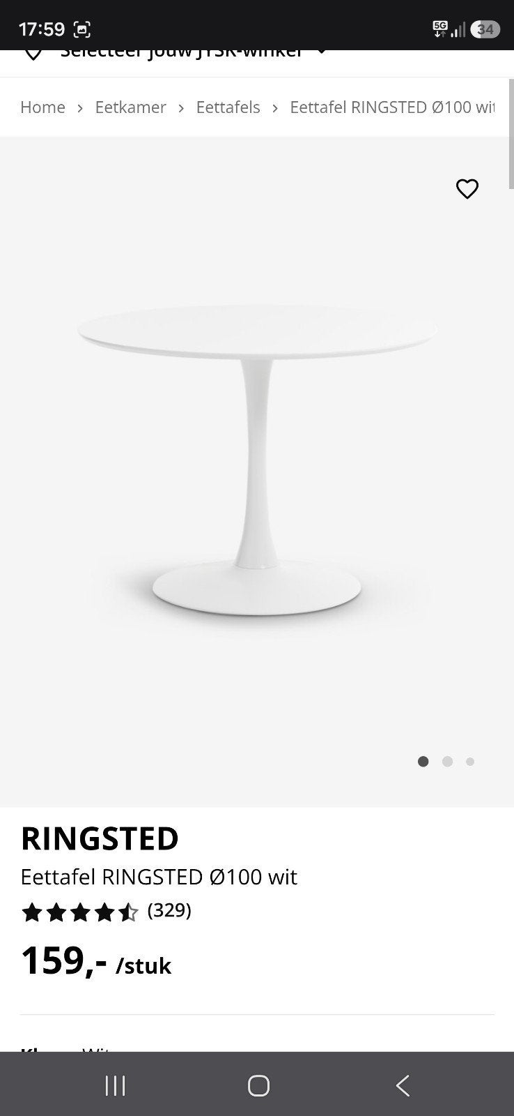 Ronde eettafel JYSK RINGSTED Ø100 wit, Ophalen, Overige materialen, Gebruikt, Modern, Scandinavisch