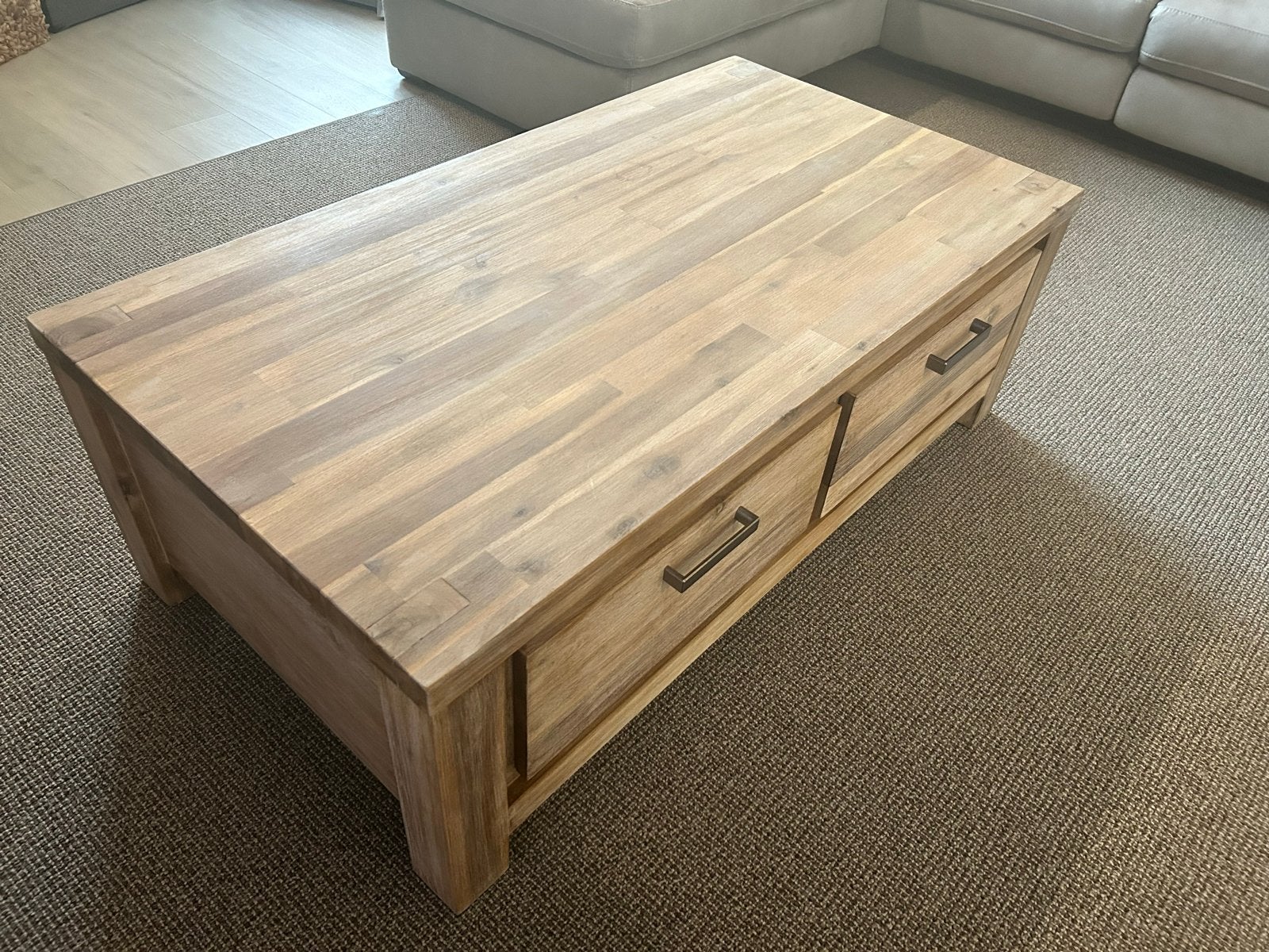 Robuuste salontafel met lades - massief hout, Ophalen, Gebruikt, 100 tot 150 cm, 50 tot 100 cm