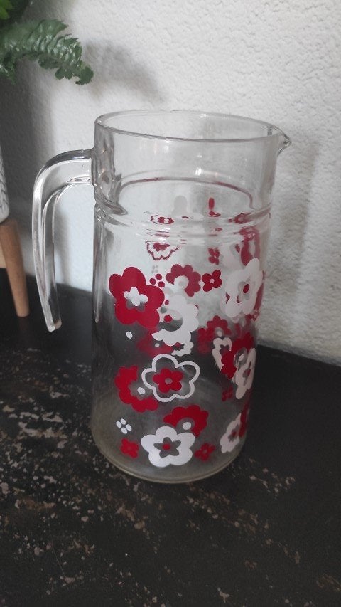 Vintage kan glas rood wit bloemen, Glas of Glazen, Gebruikt, Overige merken, Ophalen of Verzenden