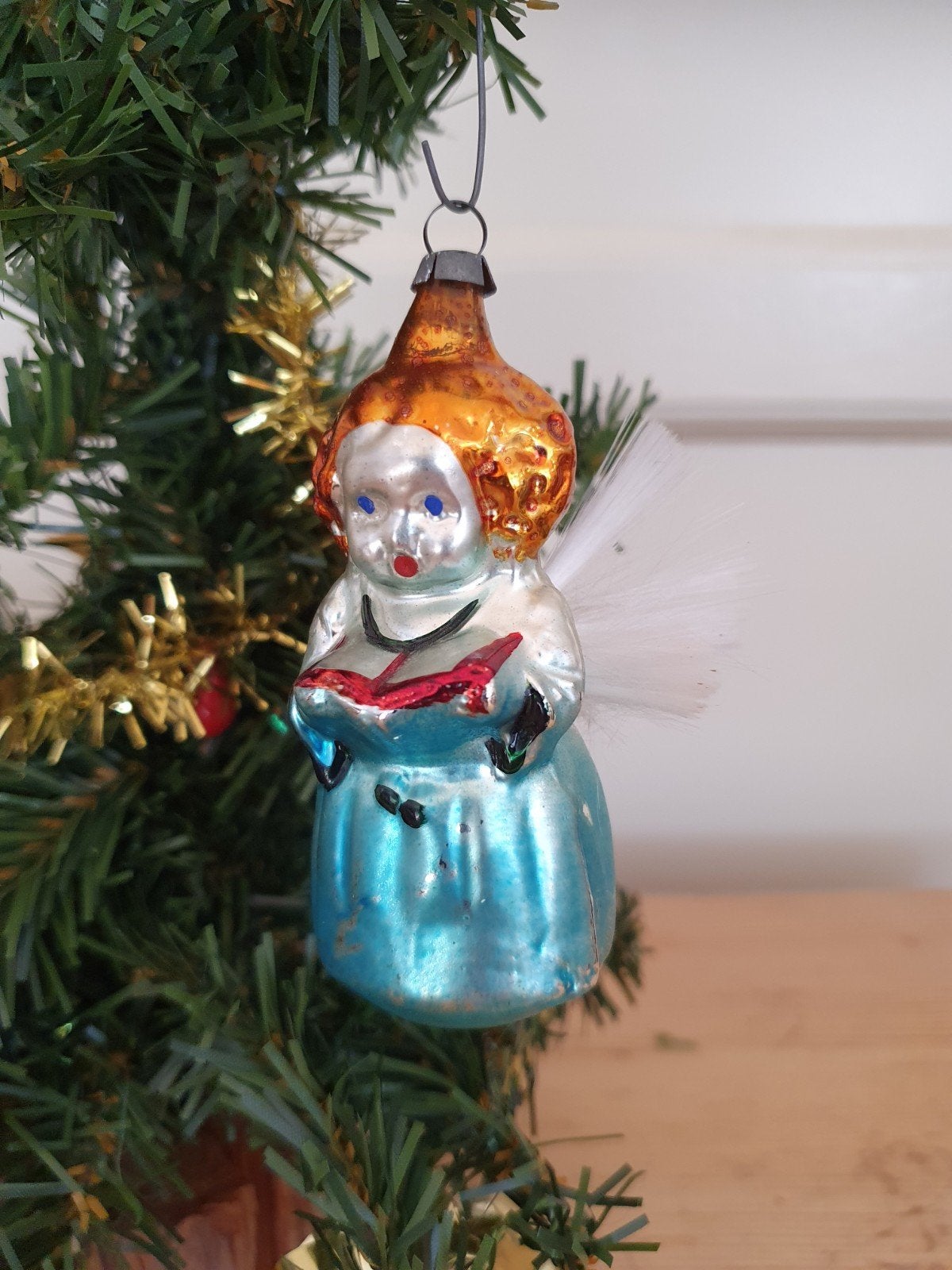 Oude antieke kerstbal glas engel zingend boekje kerst, Diversen, Kerst, Ophalen of Verzenden, Gebruikt