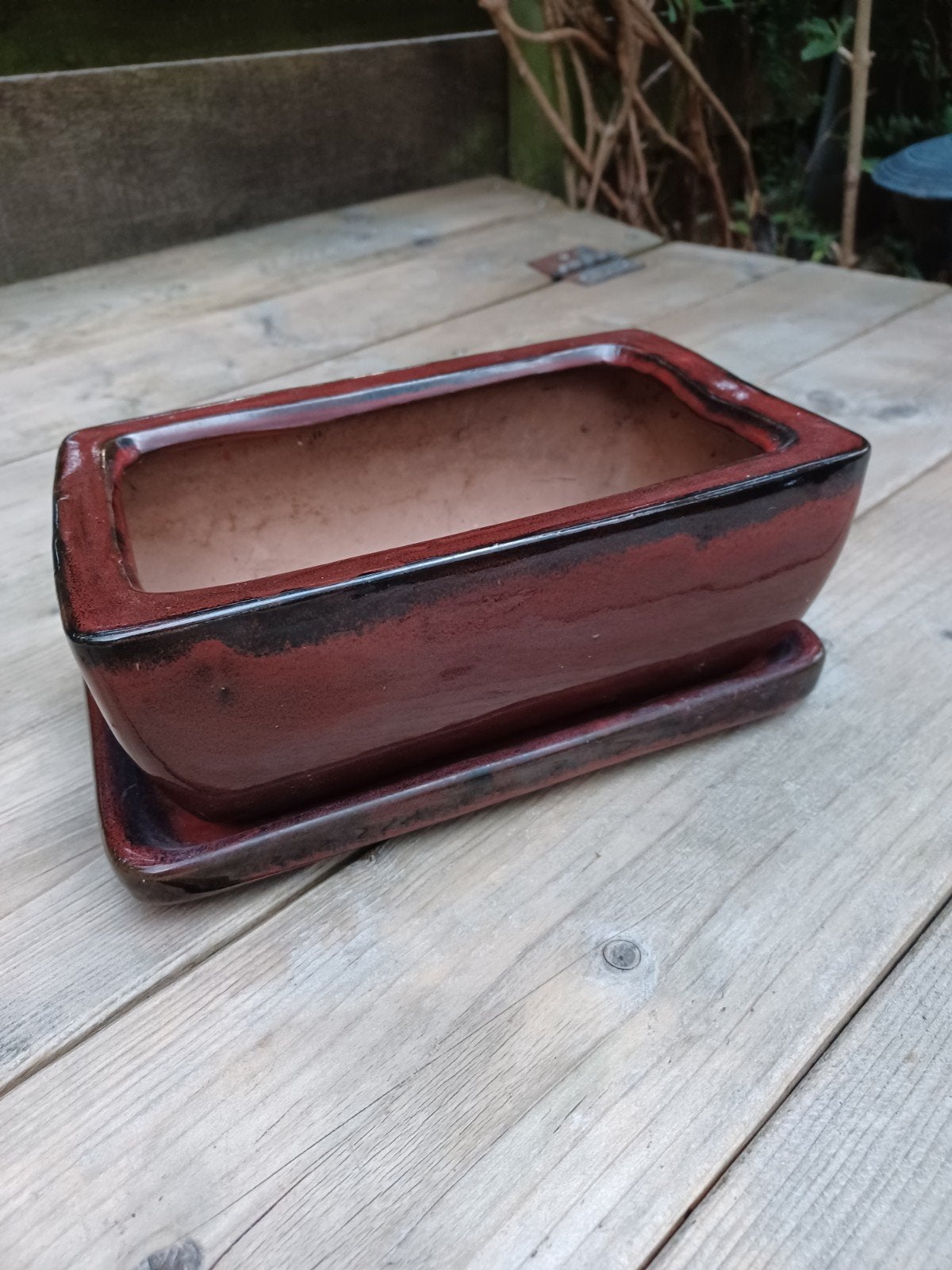 Grote Bonsai schaal incl. schotel / donkerrood, Ophalen of Verzenden, Zo goed als nieuw, Overige vormen, Aardewerk