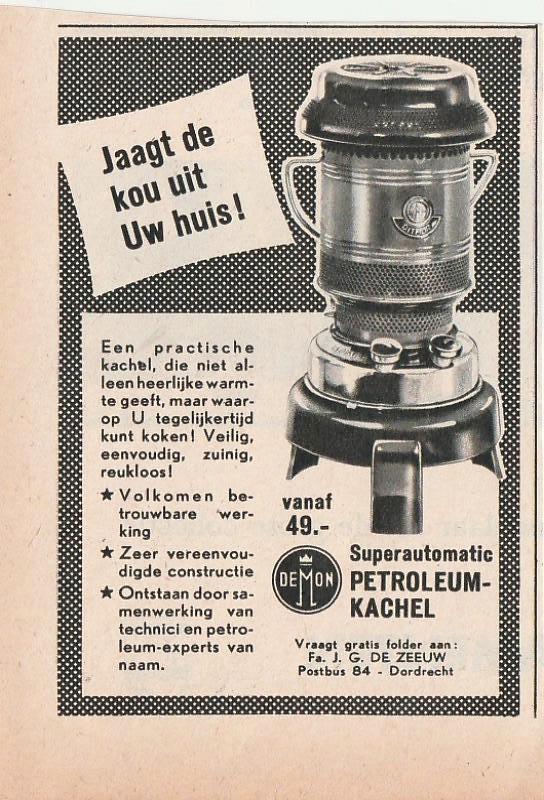 Retro reclame 1954 Demon petroleum kachel weg kou!, Verzenden, Overige typen