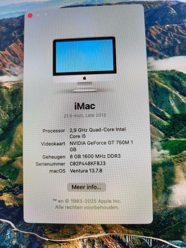 iMac 21.5 late 2013 ssd 256gb os Ventura zie foto's, Computers en Software, Apple Desktops, Ophalen, IMac, SSD, 2 tot 3 Ghz
