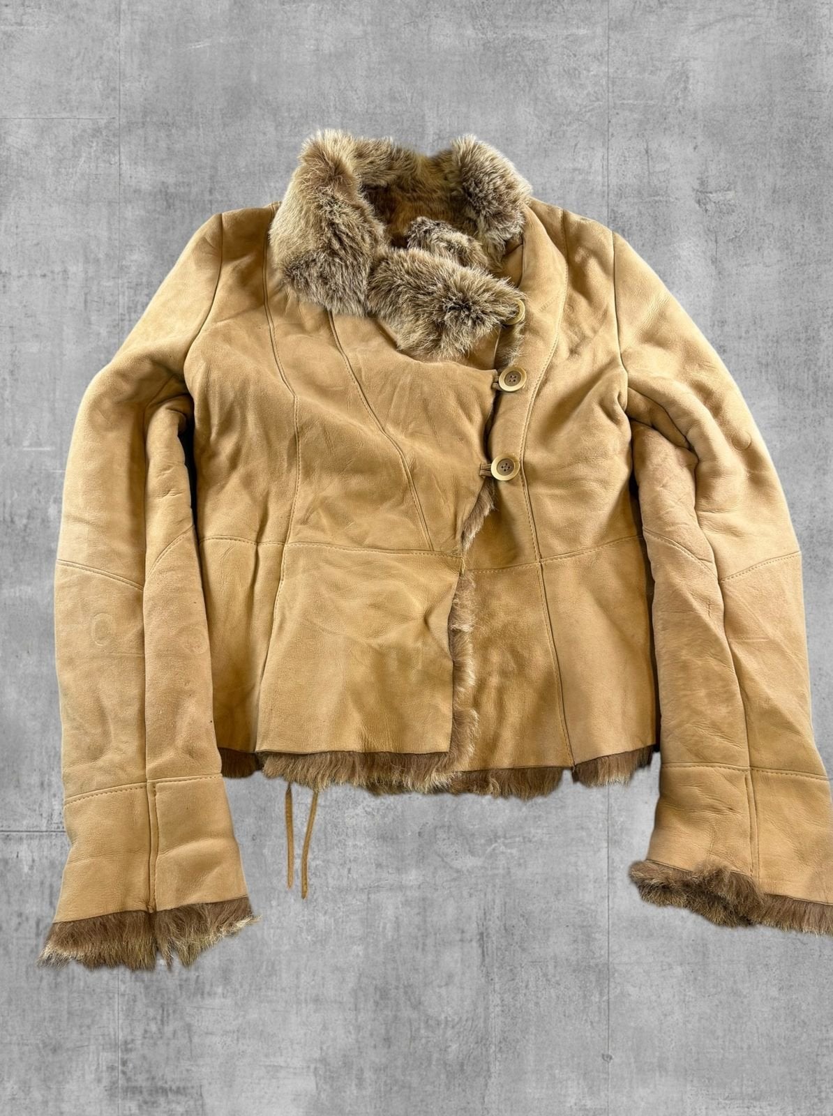 Vintage Dressing Afghaanse jas beige dames maat M leer wol, Maat 38/40 (M), Bayline Vintage Trading, Verzenden, Beige