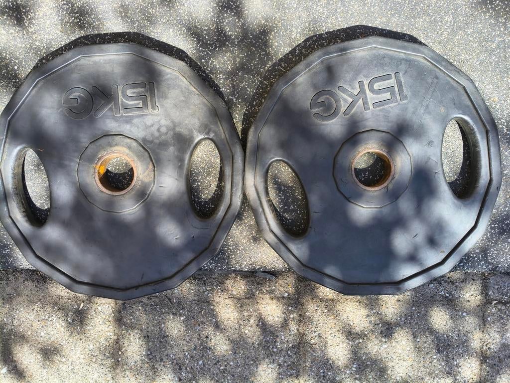 Olympische halterschijven rubber coated 15kg per stuk, Ophalen, Gebruikt