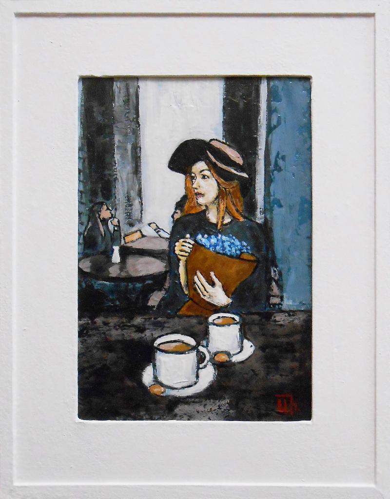 "In het café" Ingelijst schilderij, Verzenden