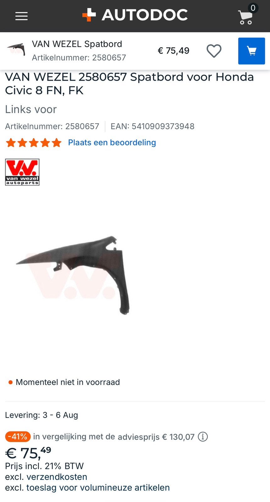 Spatbord/Fender linksvoor Honda Civic 8 FN, FK, Ophalen, Nieuw, Honda