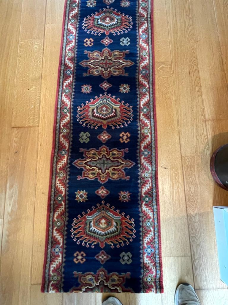 Lange Perzische loper met messing roeden en bevestiging, Minder dan 50 cm, Blauw, 200 cm of meer, Ophalen of Verzenden
