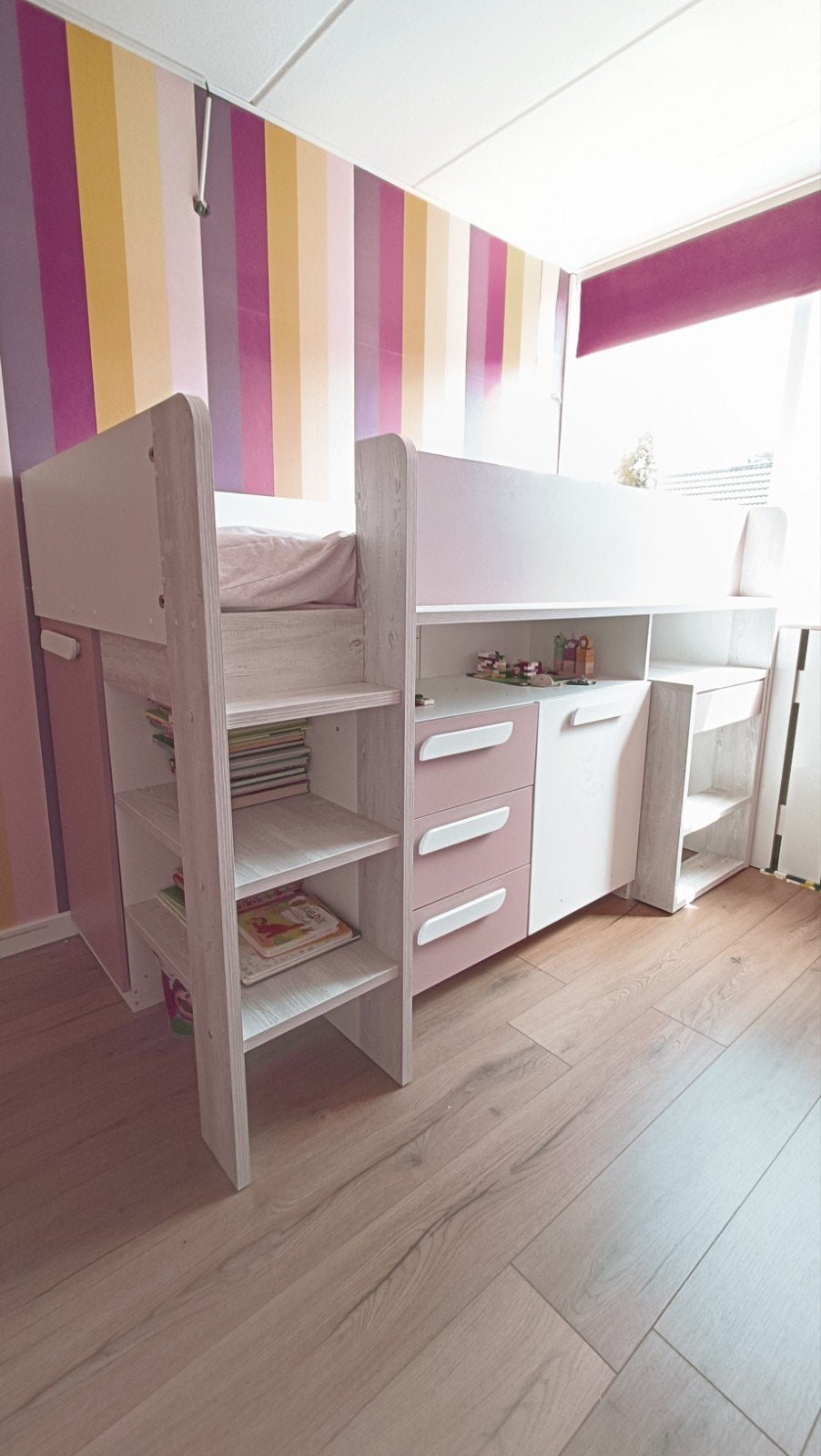 Halfhoogslaper Yolo roze met bureau en opbergruimte, Ophalen, 85 tot 100 cm, Gebruikt, Hoogslaper of Stapelbed