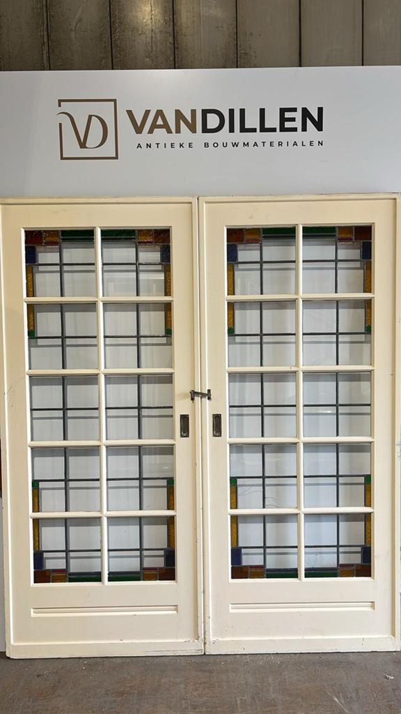 Antieke ensuite schuifdeuren glas in lood 213.5 x 92.5, 120 cm of meer, Binnendeur, Ophalen of Verzenden, Schuifdeur