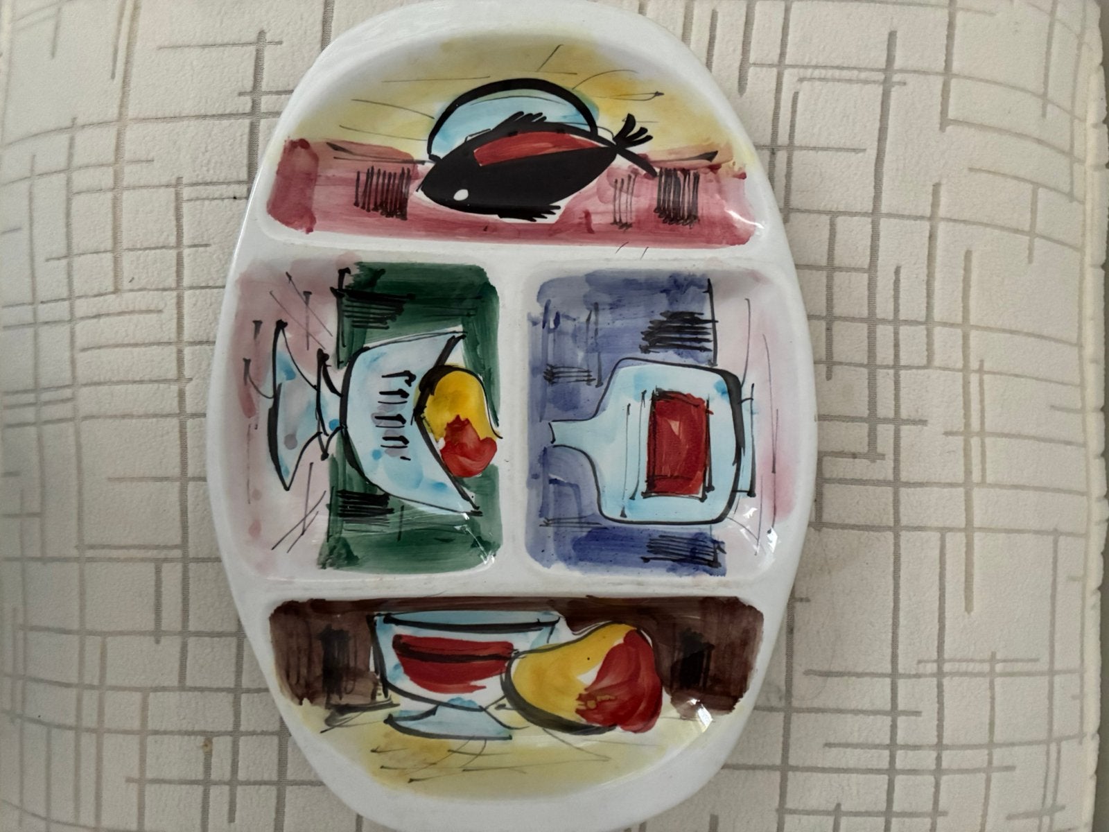 Schaal 4 vakken kunst schilderij vis fles serveerschaal, Ophalen of Verzenden, Zo goed als nieuw, Overige stijlen, Schaal of Schalen