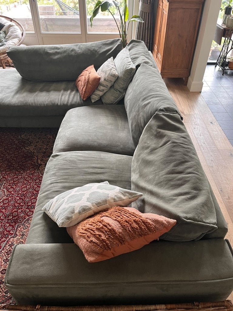 Groene hoekbank met poef  Goossens, Ophalen, Hout, Gebruikt, 125 cm of meer