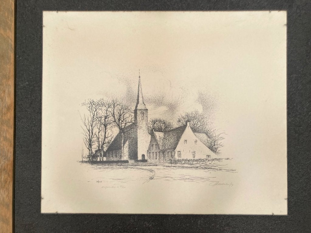 Ets Catharinakerk in Roden van J.A. Deodatus (1914-1986), Antiek en Kunst, Architectuur, Ophalen of Verzenden, Gesigneerd, 40 cm