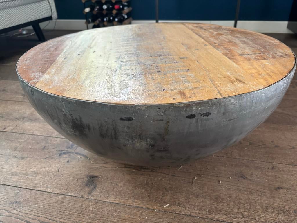 Ronde salontafel met houten blad en metalen kuip, Ophalen, Gebruikt, 50 tot 100 cm, Rond
