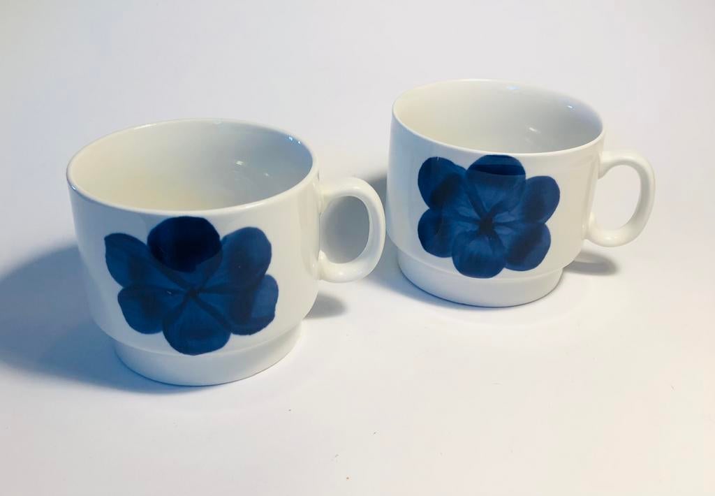 Twee leuke koffiekoppen met blauwe viooltjes, porselein, Ophalen of Verzenden, Zo goed als nieuw, Overige stijlen, Kop(pen) en/of Schotel(s)