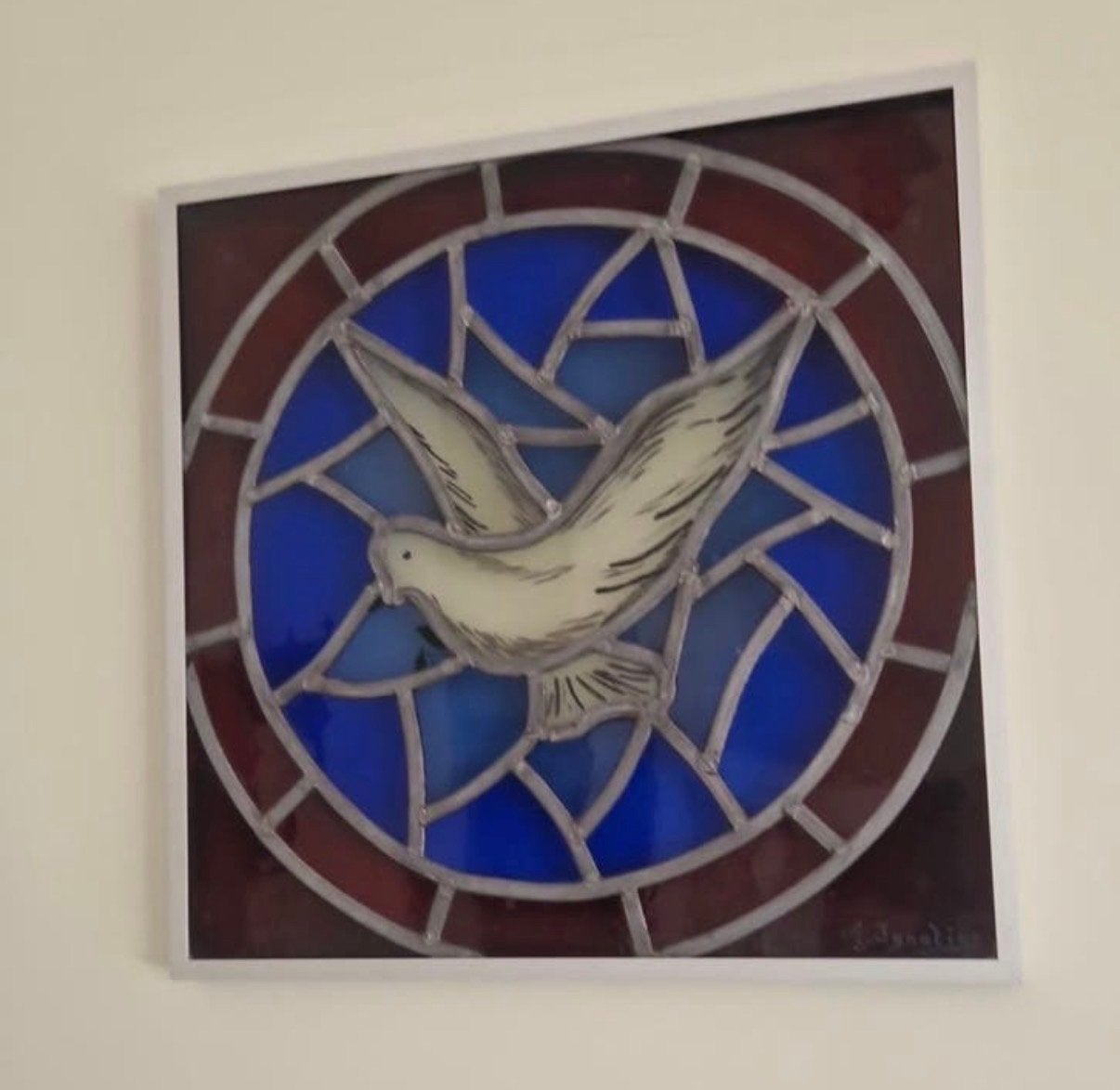 Glas-in-lood kunstwerk: Vliegende Duif, Verzenden, Handgeschilderd, Klassiek, Overige onderwerpen
