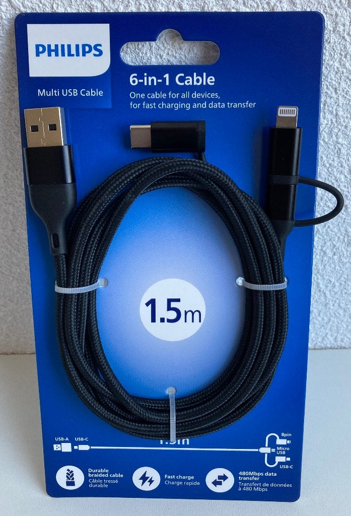 Philips 6-in-1 USB Multi data-/laadkabel |DLC1042T/10, 1.5m, USB-C, Nieuw, Universeel, Ophalen of Verzenden