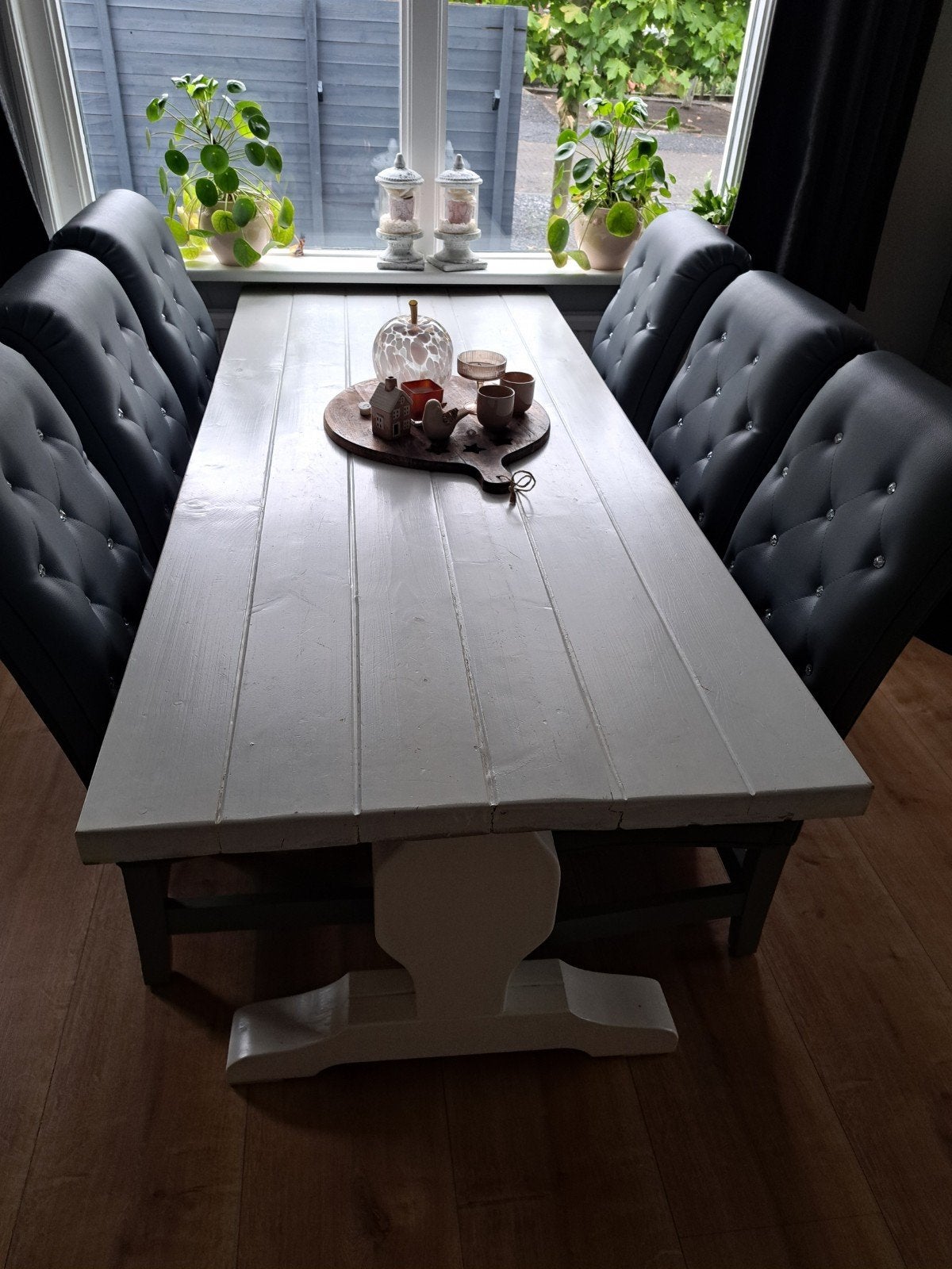 Eettafel met 6 stoelen - Grijs/Wit, Huis en Inrichting, Tafels | Eettafels, Ophalen, Gebruikt, Modern, landelijk, 200 cm of meer
